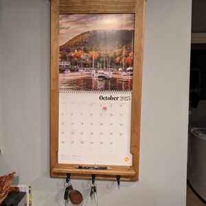 Rustic Wooden Wall Calendar with Key Hooks